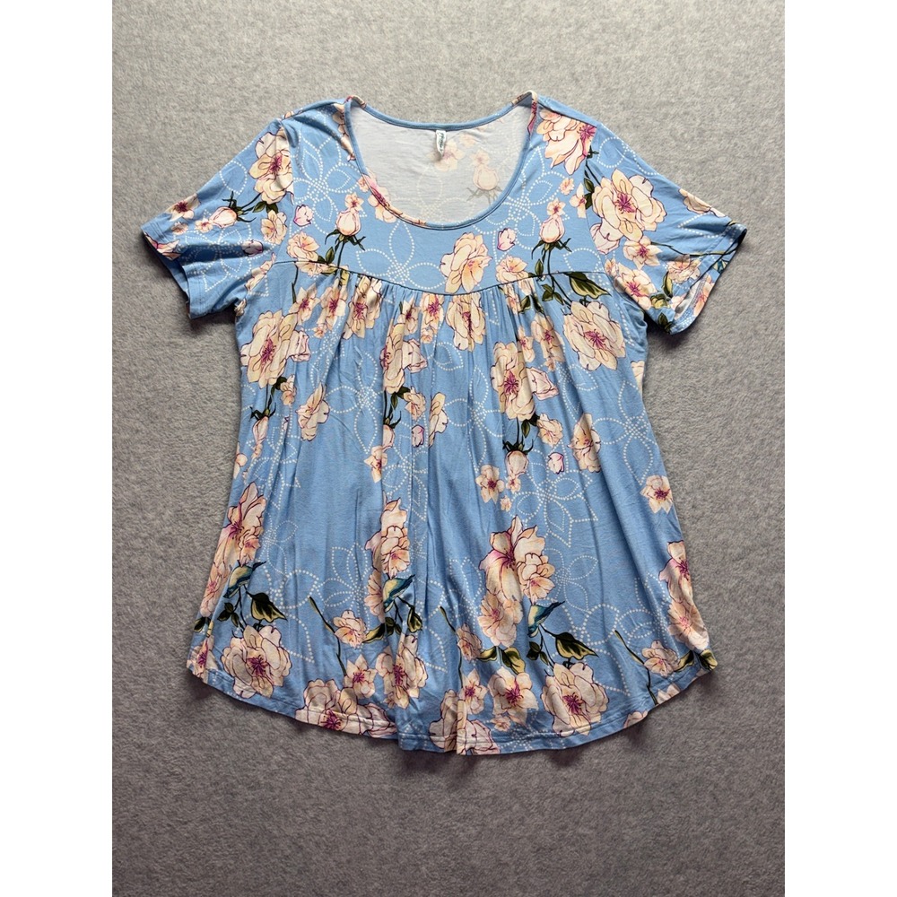 LONGYUAN Womens 2XL Blue Floral Empire Waist‎ Tunic Short Sleeve Knit Scoop Neck